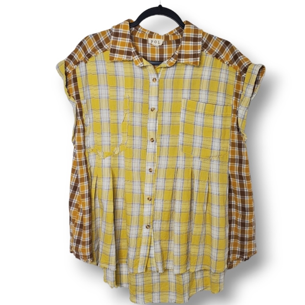 POL Yellow Oversized Plaid Button Down Shirt Women's Size Small NWOT Boho Casual